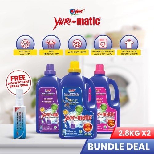 Yuri-matic Antibacterial Laundry Liquid 2.8Kg Twinpack+Free Yuri Disinfectant Spray 50ml