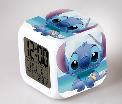 Cartoon Kids Alarm Clock Toys Lilo Stitch Led Clock Kids Bedroom Led 7 Color Flash Digital Alarm C