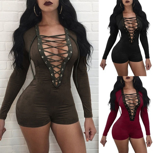 womens plunge v neck bodycon knit sleepwear bodysuit short romper