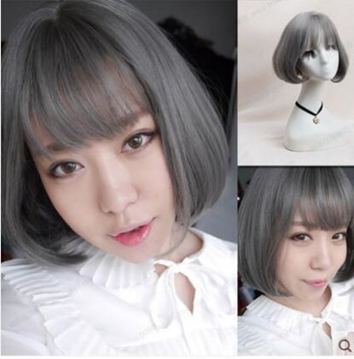 Short Hair Bobo Pear Ash Grey Hair Female Air Bangs Grandma Lolita Daily Cos Harajuku Wig