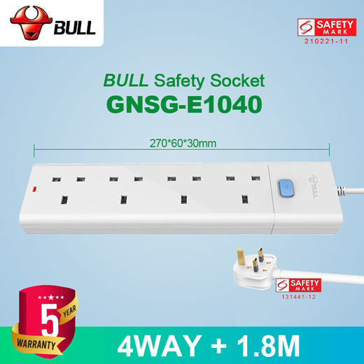 BULL Extension Cord Socket Plug 3 Way 1.8 Meter Power Strip with Safety Mark  5 Years Warranty