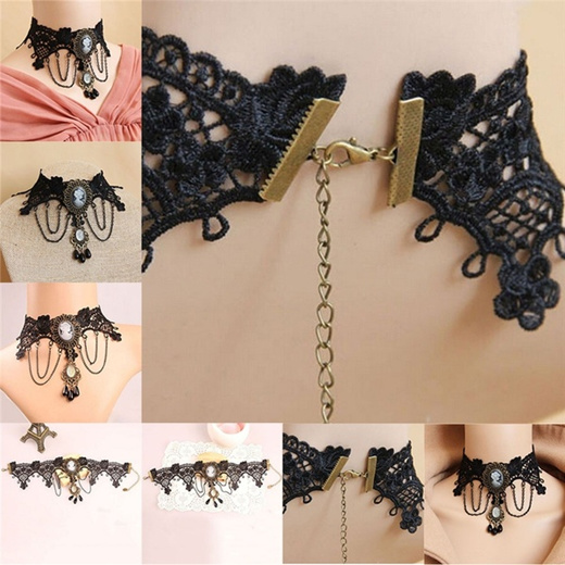 Vintage Cameo Victorian Gothic Black Lace Necklace Choker Collar Punk Pendant HK