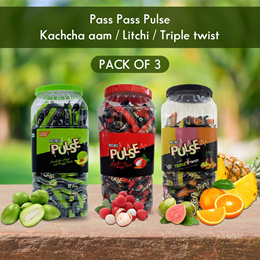 Pass Pass Pulse Kachcha Aam / Litchi / Triple twist(Orange/Pineapple/Guavava/) with tangy twist (Pack of 3) (680 gm x 3)