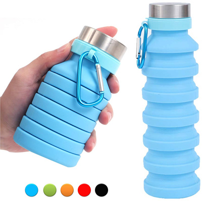 600ml Silicone Water Bottle Collapsible Water Cup Roll Up Leak Proof Valve Bottles with Carabiner for Outdoor Sports Traveling
