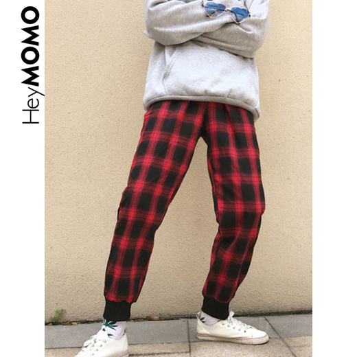 plaid joggers red