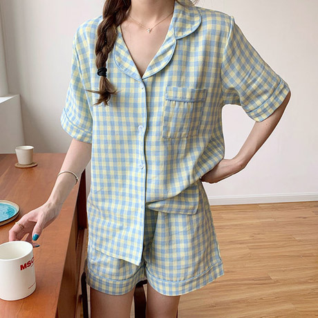 쉬블림로브 여성 홈웨어 체크 반팔+반바지 잠옷 세트 GWD0202