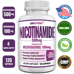 Nicotinamide 500mg with Resveratrol 100mg - 120 Veggie Capsules - Vitamin B3 Supplement Pills to Sup