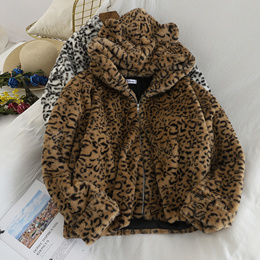 Jacket / Leopard Zipper Jacket Short Loose Top Womens Cute Plush Ears Small Childrens Tops