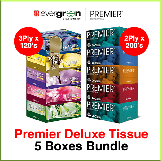 PREMIER Deluxe Tissue Box 2ply x 200 | 3ply x 120  (5 boxes bundle)