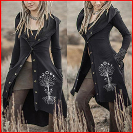 Ladies Retro Tree of Life Print Long Sleeved Hooded Coat Womens Spring and Autumn Slim Cloak Long Co