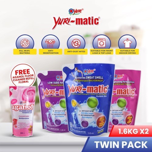 [Twinpack] Yuri-matic Antibacterial Laundry Liquid Refill 1.6Kgx2+Free Yuri Aganol AB Flr Clnr Rf 60