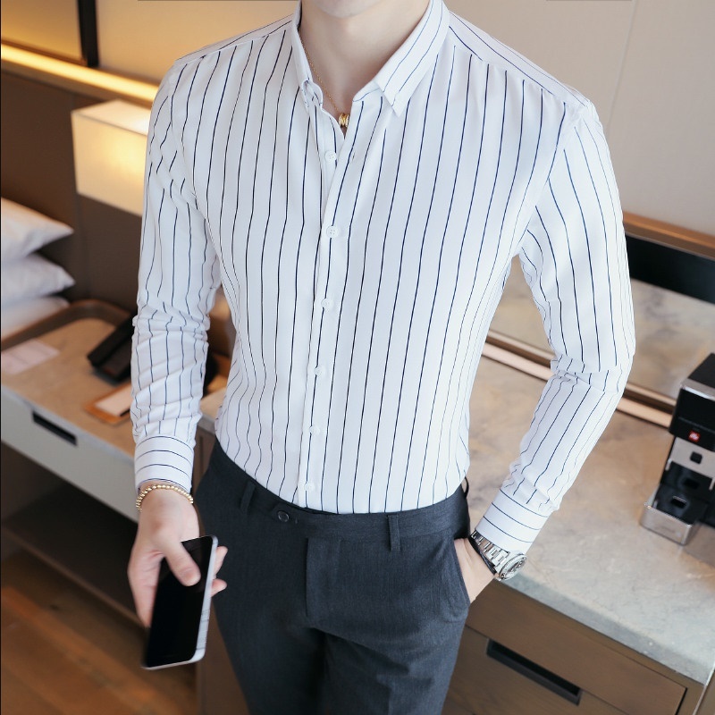Qoo10 - outlet Men s Contrast Vertical Striped Dress Shirts High ...
