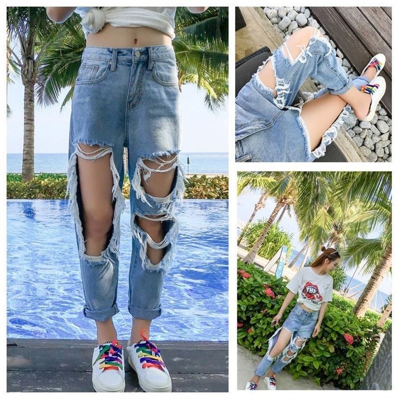 Qoo10 Knee Destructive Hole Jeans Girl Baggy Beggar Nine Pants Bf Little Fee Women S Clothing