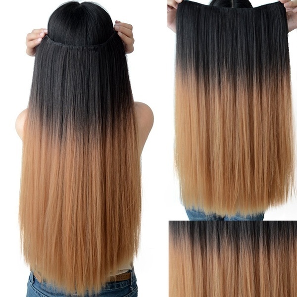 Neverland Ladies Women Premium Long Hair Clip In Dip Dye Ombre Human Made Heat Resistant Straight Hair Extension Style 2 Color Brown With Free Gift