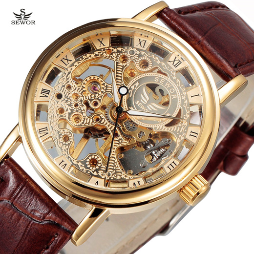 Qoo10 New SEWOR Luxury Brand Gold Transparent Skeleton Watch Men