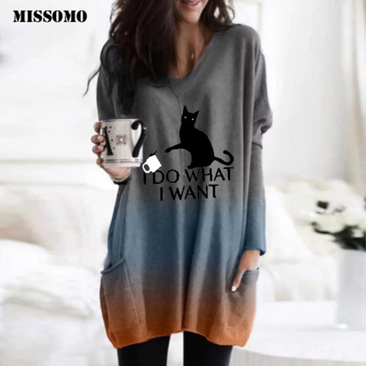 Qoo10 Missomo T Shirt Women Dyeing Cat Print Long Sleeve Pullover Patchwork Women S Clothing