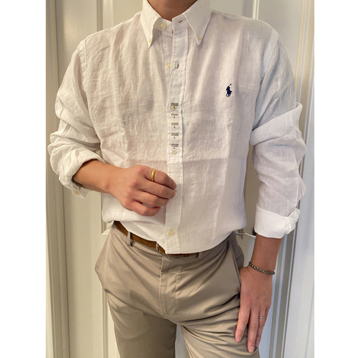 Global Shop」- Polo Ralph Lauren Classic Fit Untucked Fit Linen Long Sleeve  White Shirt