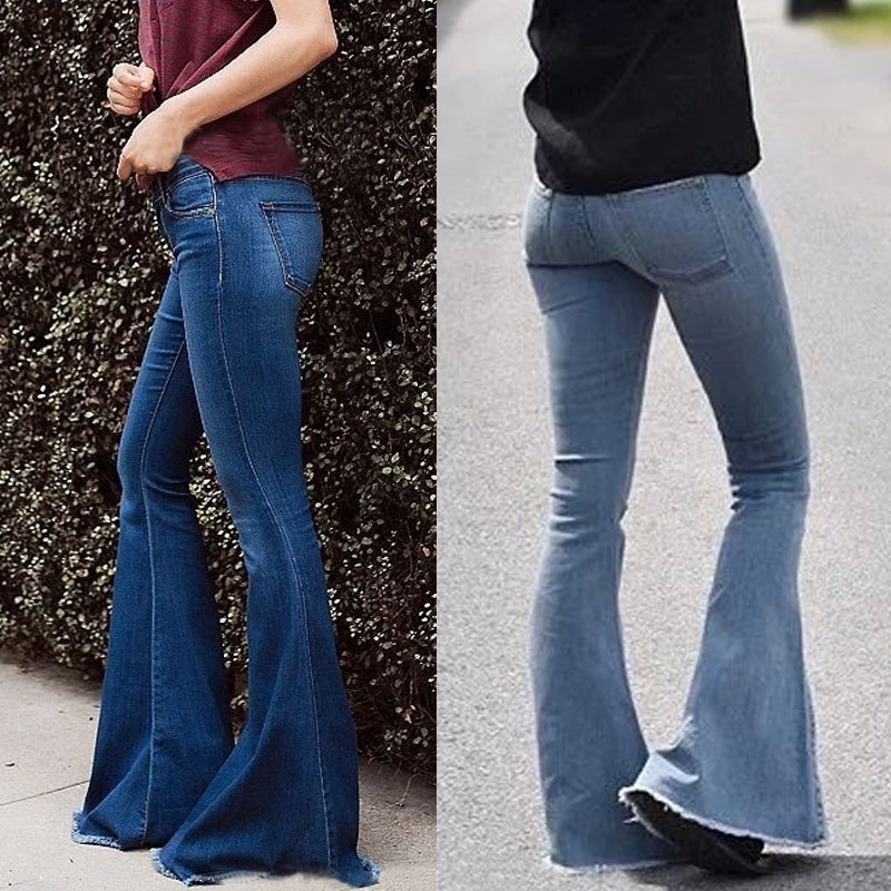 Qoo10 Women Skinny Flare Jeans Low Rise Stretch Frayed Hem Bell Bottom Denim Women S Clothing