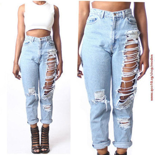 Qoo10 Women High Waist Destroyed Boyfriend Bf Jeans Ripped Denim Hole Pants Women S Clothing