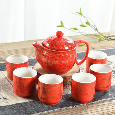 Chinese Traditional Wedding Teacup Ceramic Cup Red Double Happiness New Home 1 Teapot 6 Teacup 1 Tea Plate-a Teacup Set