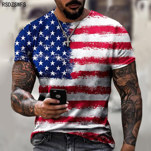 Qoo10 - Fashion USA Flag Stripes 3D Print MenT Shirt Oversized Male ...