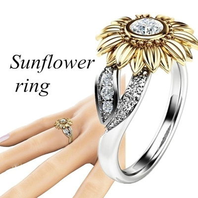 1PCS Women Plated Silver Floral Ring Round Diamond Flower Gold Sunflower Jewelry