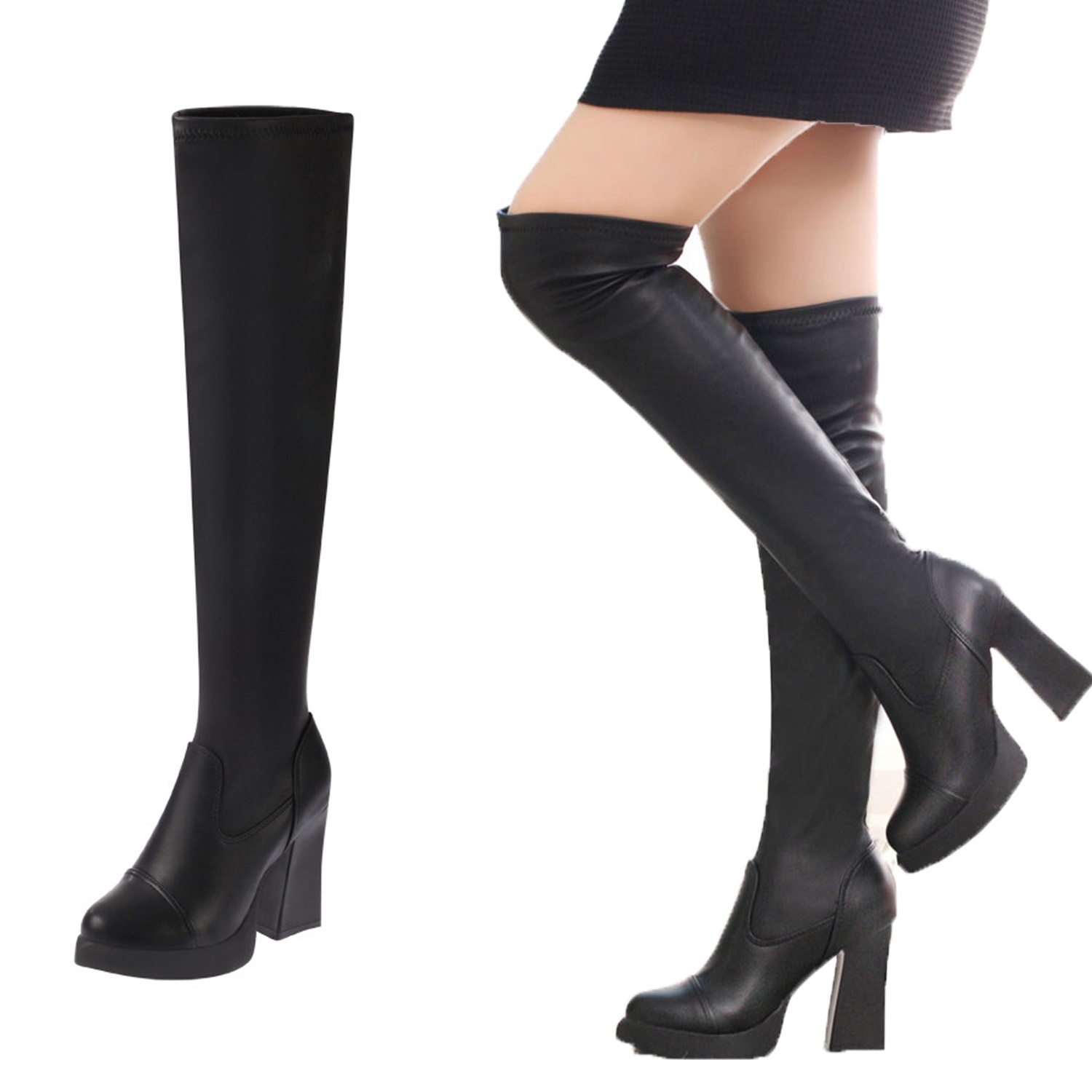 stretch leather thigh high boots