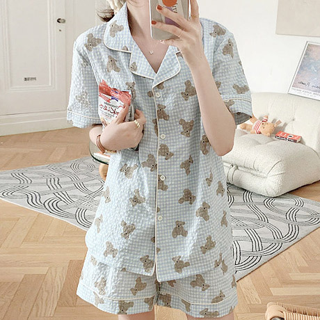 쉬블림로브 여성 홈웨어 곰인형 패턴 반팔+반바지 잠옷 세트 GWD0249