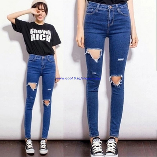 Qoo10 Women High Waist Skinny Jeans Holes Denim Ripped Boyfriend Jeans Penci Women S Clothing