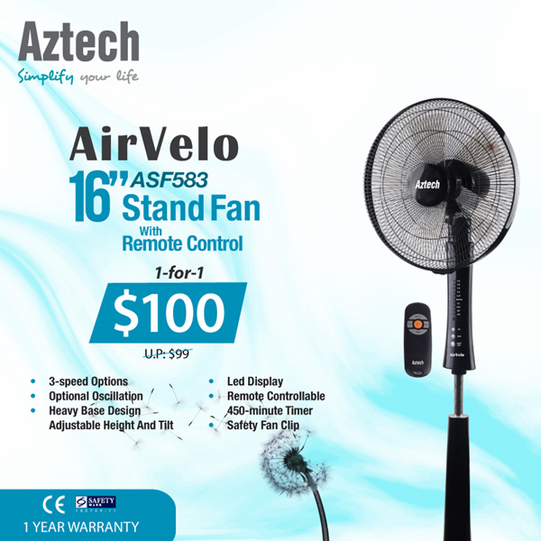 BUY 1 GET 1 FREE!! Aztech ASF583 16” Stand Fan | 1 Year Local Warranty Deals for only S$199 instead of S$199