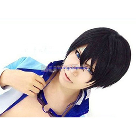 Qoo10 Swim Club Haruka Nanase Black Short Cosplay Wig Free Wig Cap Jewelry Accessories