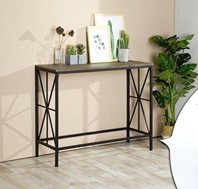 Brown Top//Black Metal Frame 2-Tier Entryway Console Sofa Table with X-Design Sides