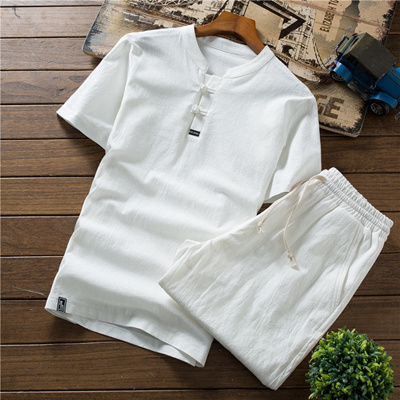 mens white linen short sets