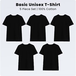100% Cotton Unisex Basic Short-Sleeved T-Shirt Black 5-Piece Set
