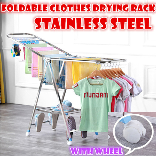 Qoo10 - Foldable Stainless steel clothes drying rack with wheel save ...