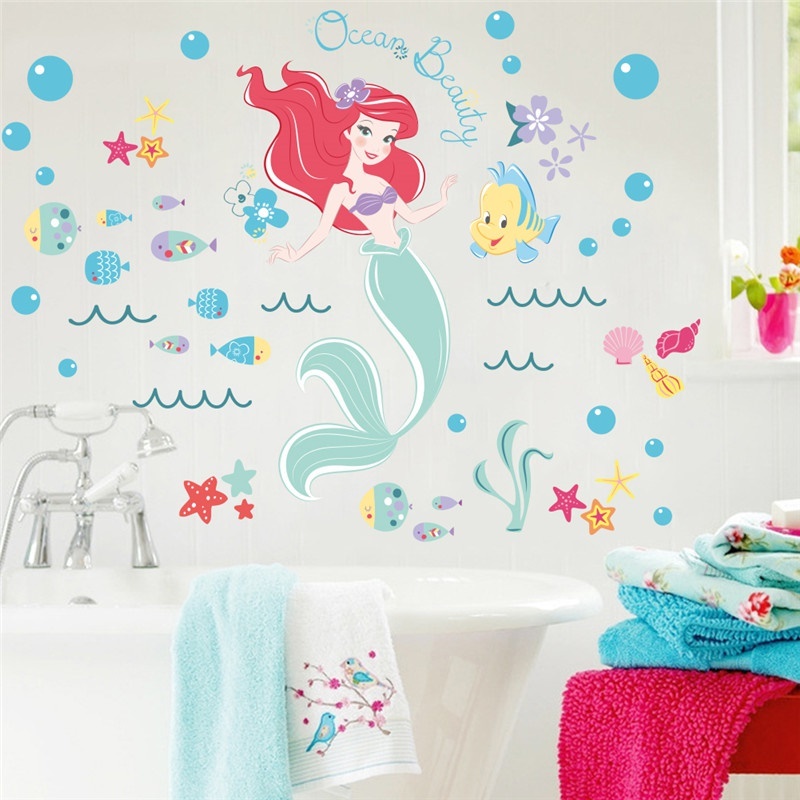 Underwater Mermaid Bubble Fish Wall Stickers Children Kids Bedroom Bathroom Decoration 3d Decal Ar