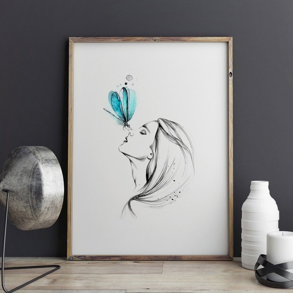 Girl With Butterfly Pencil Sketch Watercolor Painting Sweet Home Poster Wall Art Decor Bedroom Wall