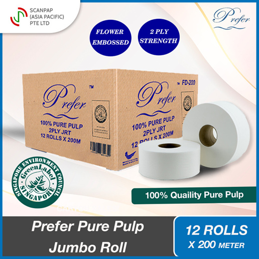  *Carton Sales* Prefer Jumbo Toilet Paper Roll 100% Quality Pure Pulp -2 ply 12 Roll[Scanpap]