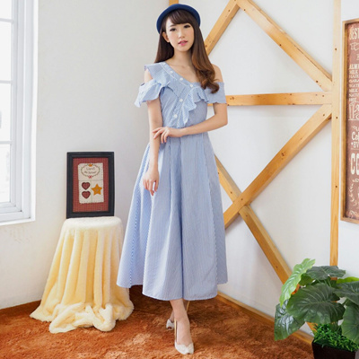 Qoo10 - Gracia Ruffle Long Dress - BLUE : Pakaian