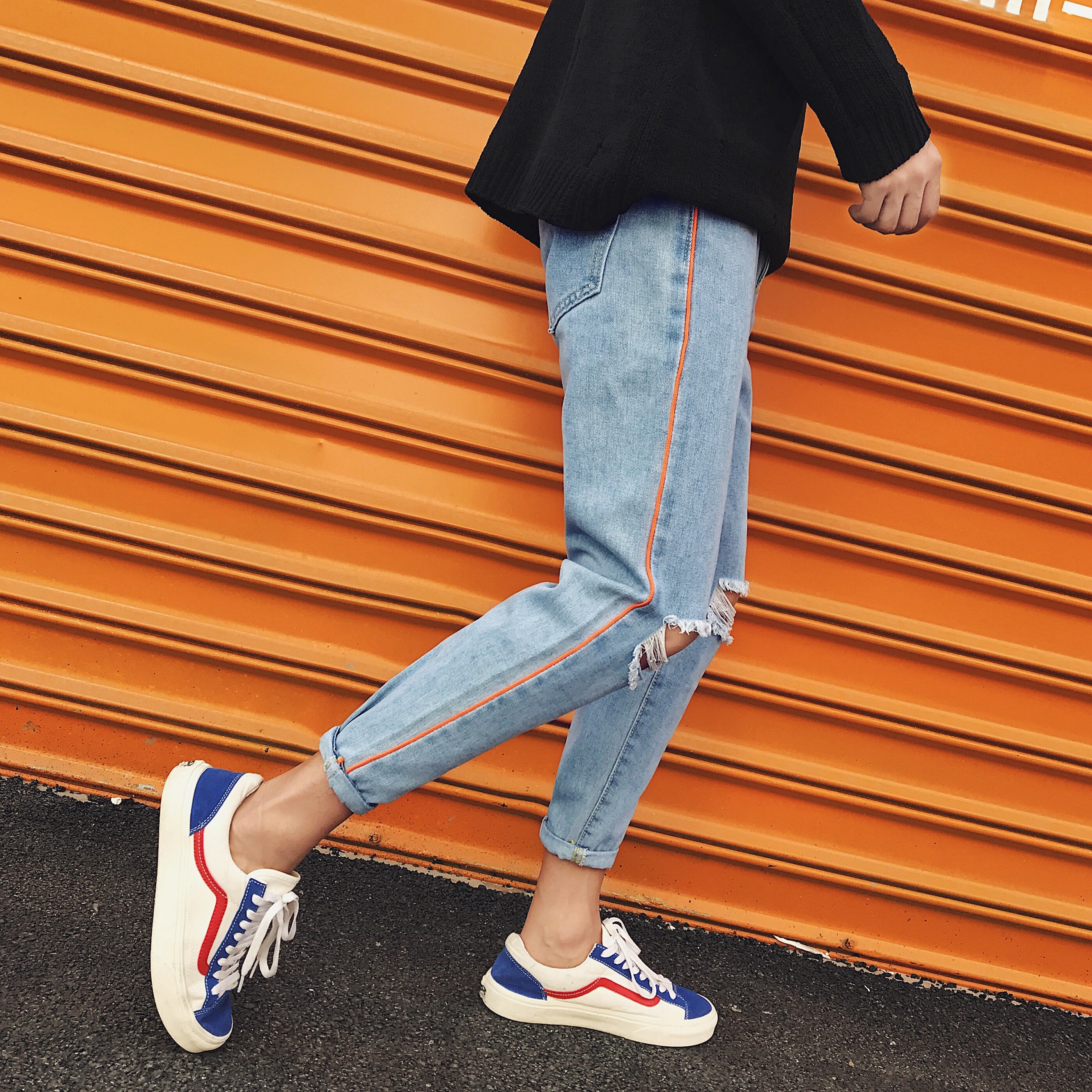 Qoo10 Knee Hole Jeans Pants Men Fall New Trend Korea Nine Stripes All Match Men S Clothing