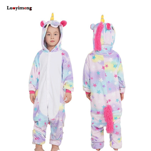 Qoo10 - Boys Girls Flannel Star Unicorn Pajamas Kigurumi Overalls ...