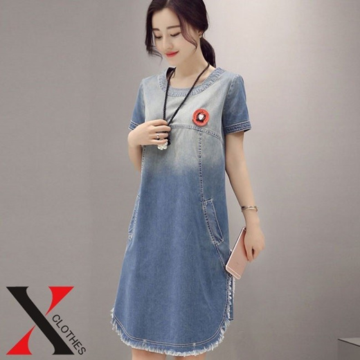 Qoo10 One Piece Women S Short Sleeve Denim Knee Length Denim Fabric Shor Women S Clothing