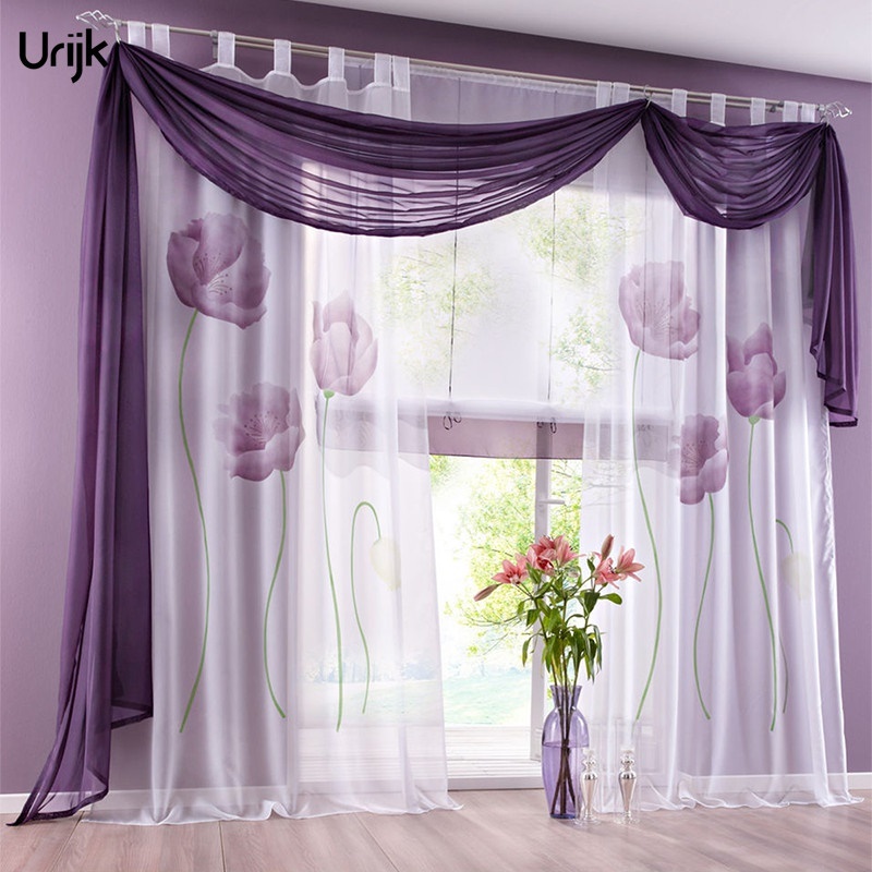 Urijk 1pc Purple Curtains Tulle Panel Sheer Window Curtains For Bedroom Floral Perspective Window Bl