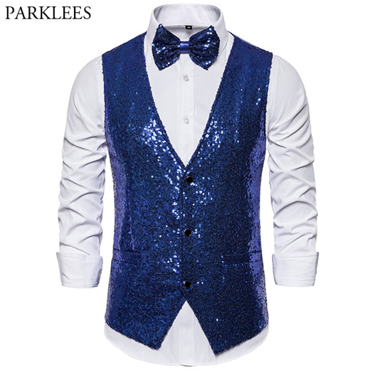 Qoo10 - store Royal Blue Vest Men Shiny Sequins Vests&Bowtie Mens Suit ...