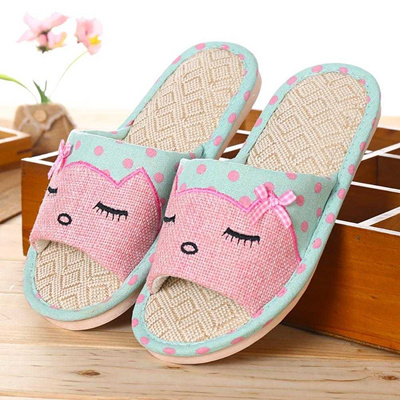 Women And Men Cute Cartoon Flax Linen House Bedroom Slippers Anti Slip Indoor Slippers Breathable Ca