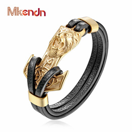 MKENDN New Mens Bracelets Gold Leo Lion Stainless Steel Anchor Shackles Black Leather Bracelet Cuff