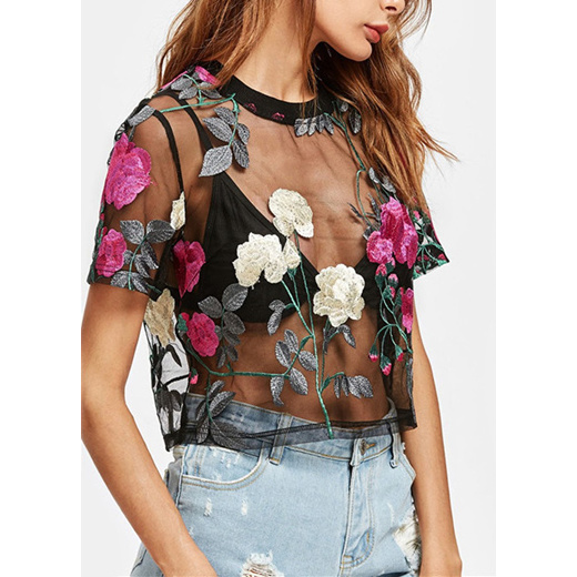 mesh flower embroidered top