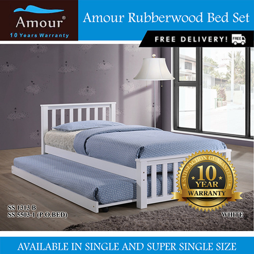 AMOUR ® Solid Wooden Bed With Pull Out Bed Frame Set 