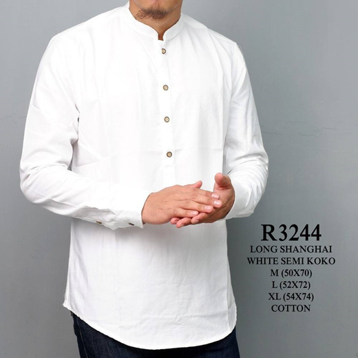 Qoo Baju Kemeja Pria Putih Polos Kerah Shanghai Semi Koko Lengan