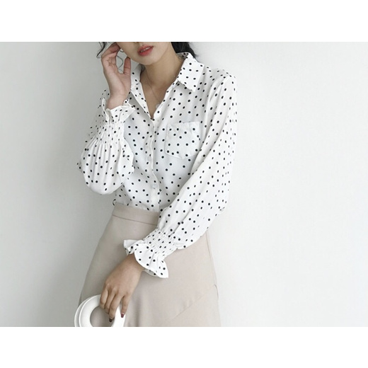 grey and white polka dot blouse